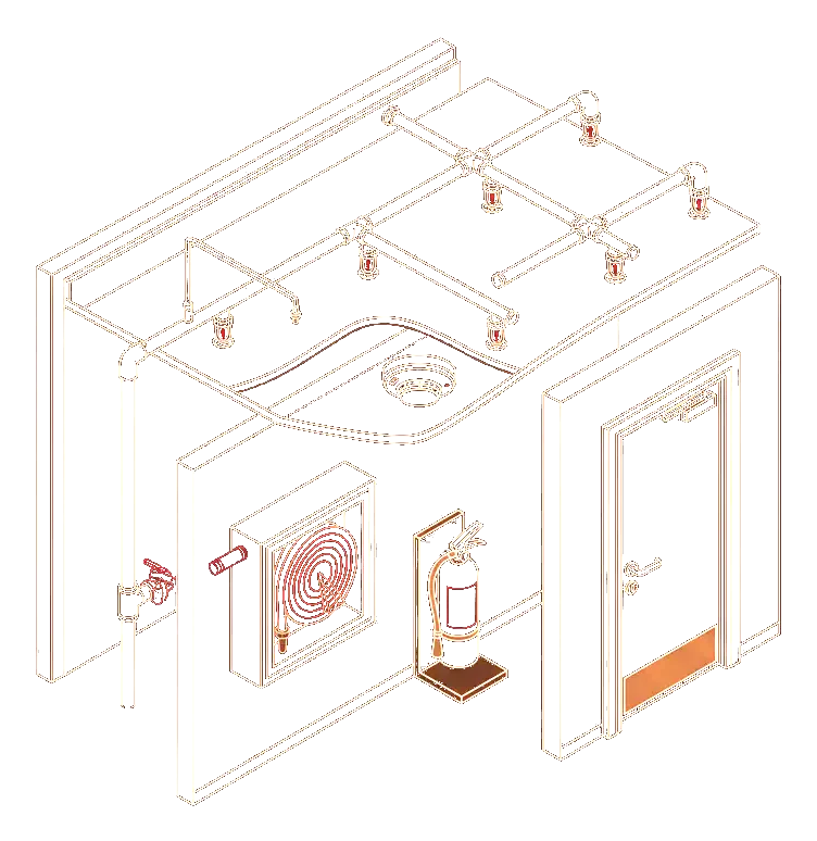 Ilustração isométrica de um sistema de prevenção contra incêndio: tubulação de sprinklers no teto, detector de fumaça, caixa de hidrante com mangueira, extintor e porta corta-fogo.