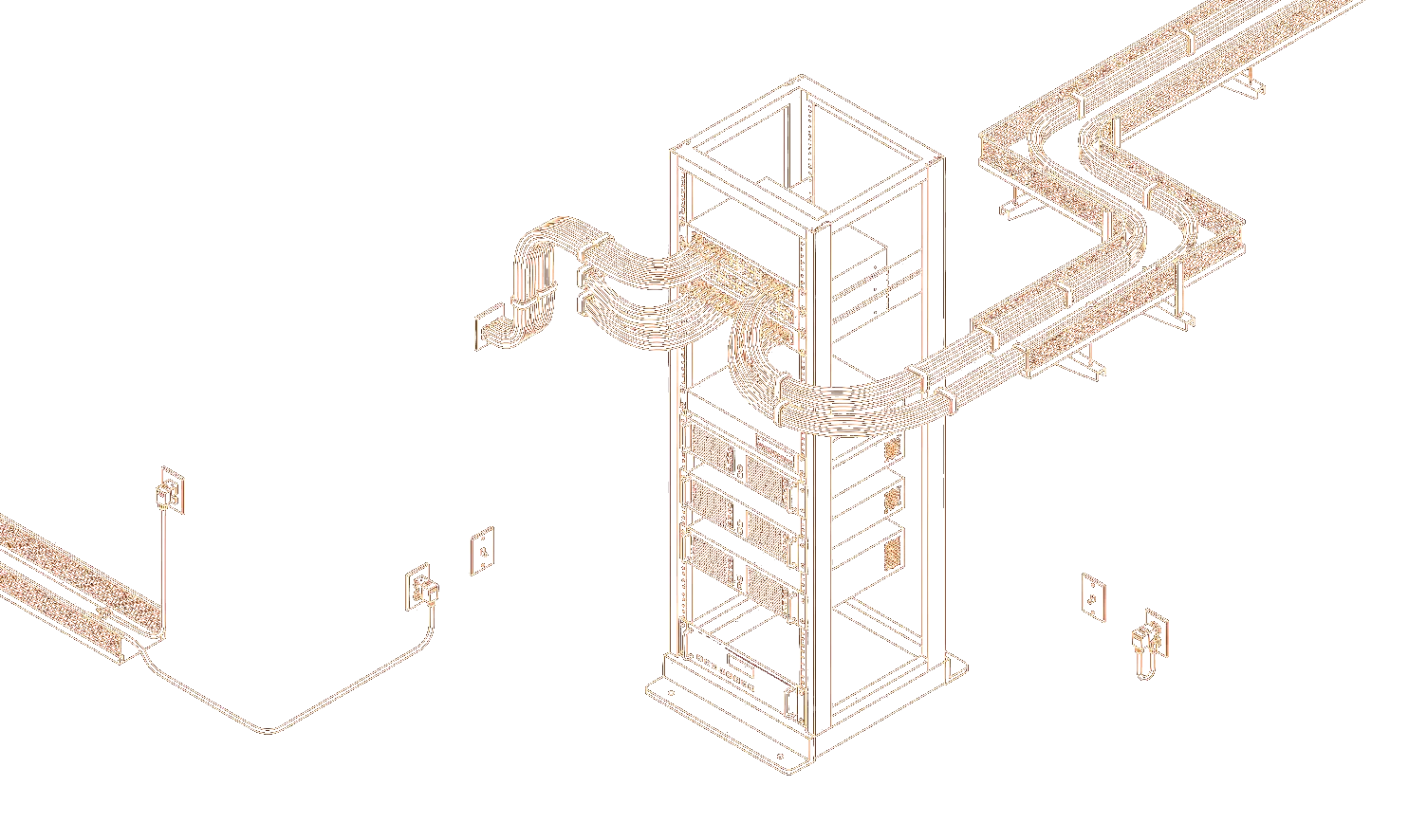 Ilustração isométrica de infraestrutura de rede: rack de servidores, switch com cabos organizados, eletrocalha com cabeamento estruturado e pontos de rede na parede.